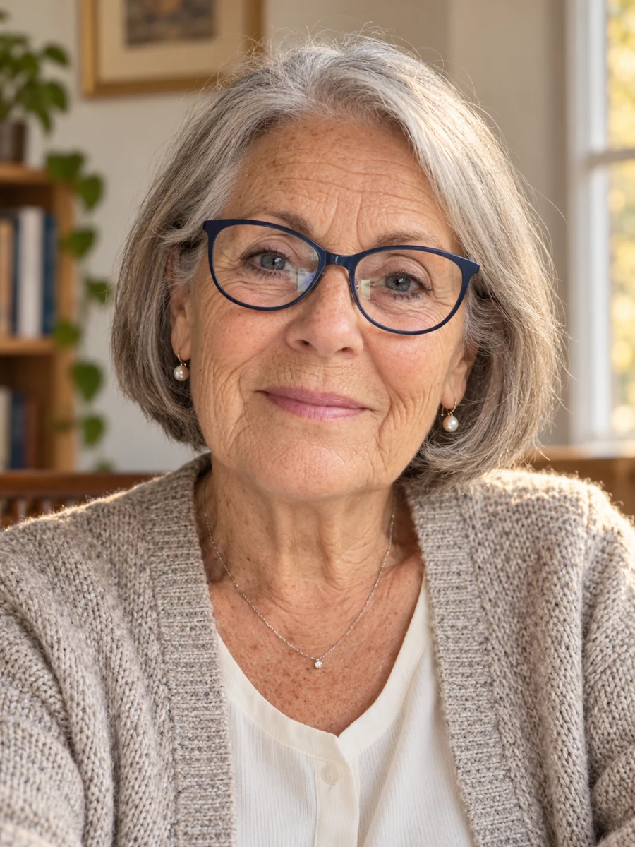 Retrato ilustrativo de la Abu, con cabello gris, lentes azules y una sonrisa cálida