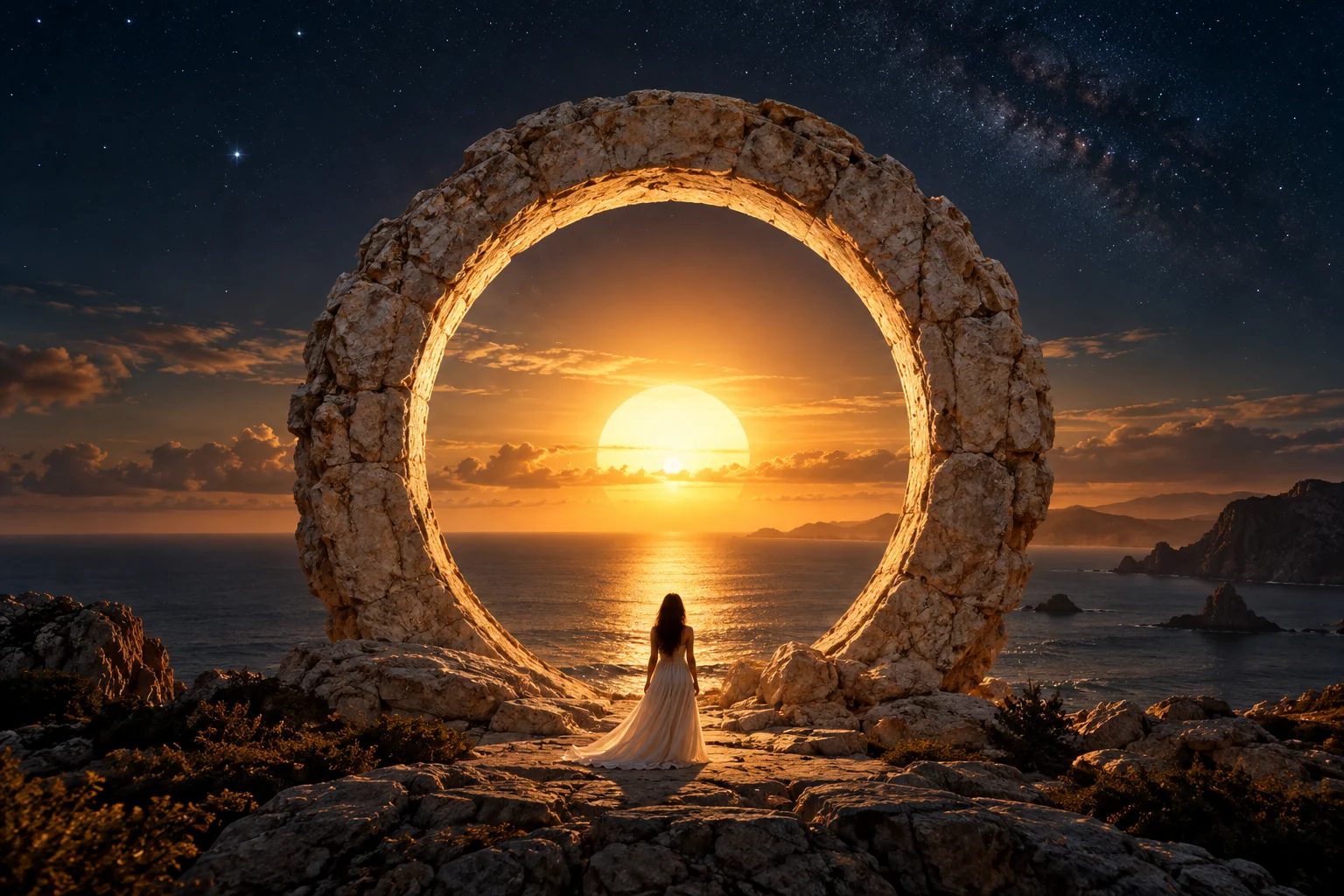 Un portal de piedra frente al mar se abre hacia un amanecer dorado